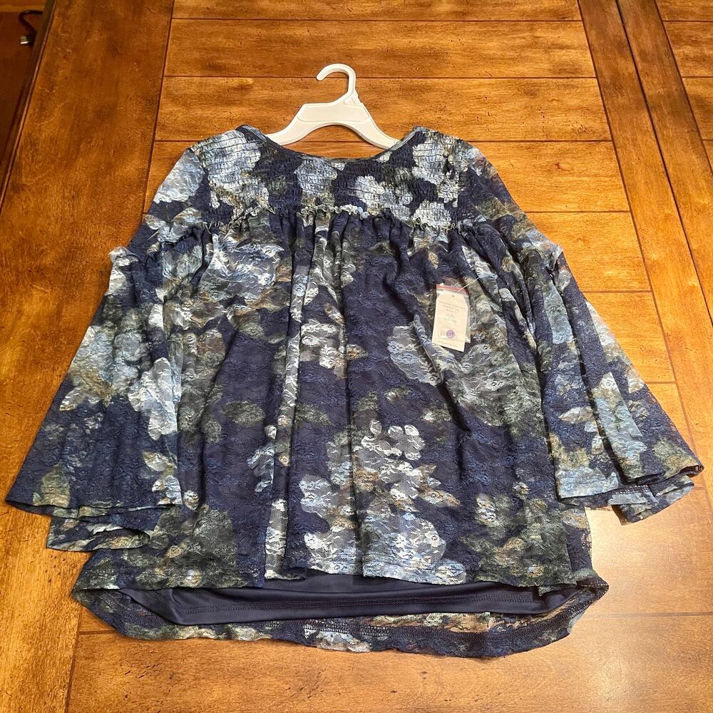 Time and Tru Printed Lace Peasant Top New Wi Tags Womens L Blue 35.0=R9